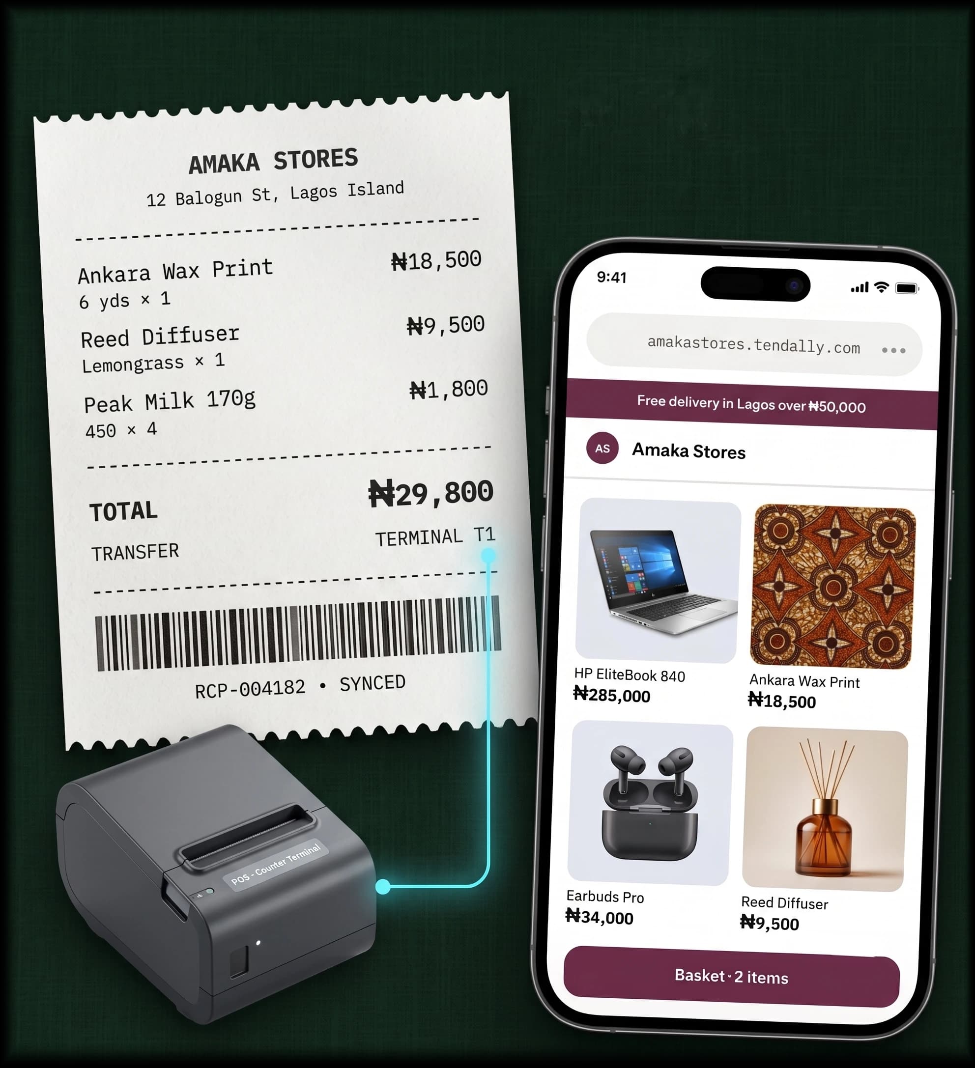 A printed receipt from Amaka Stores showing a sale of ankara wax print, a reed diffuser and Peak Milk totalling ₦29,800, beside a phone showing the same store online at amakastores.tendally.com with the same products and prices.