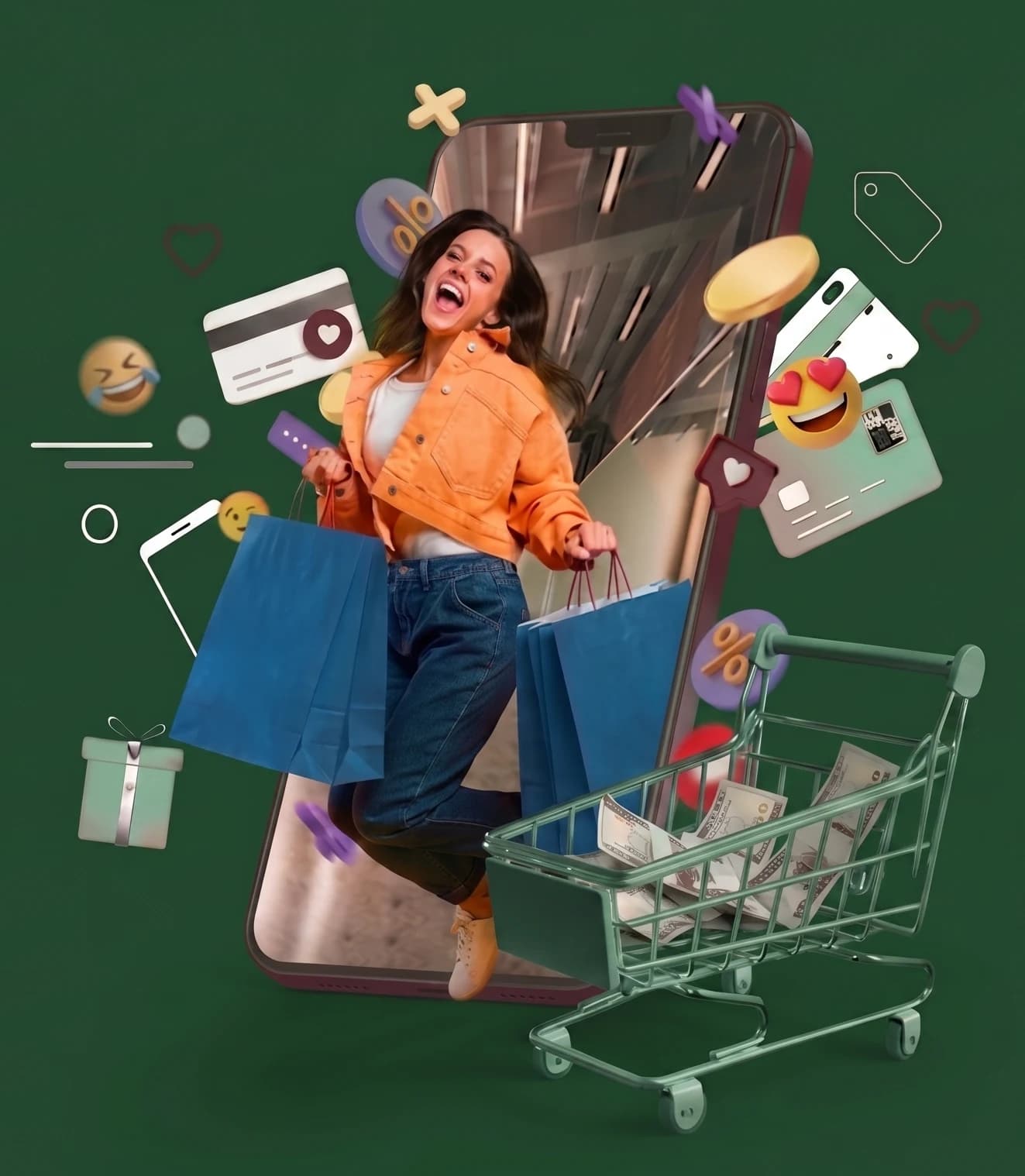 A shopper leaps out of a giant phone screen carrying shopping bags, beside a trolley filled with cash, surrounded by floating bank cards, price tags, discount badges and gift boxes.
